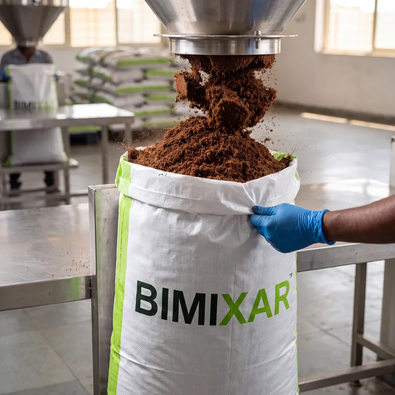 BIMIXAR — фасовка кокосового субстрата в мешок на производстве Sunpower Biotech, Индия